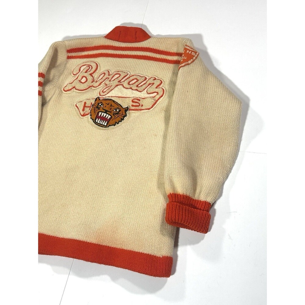 Vintage 1950s Chicago Letterman Cardigan Sweater Women Cream Orange Wool Patches - Picture 14 of 14